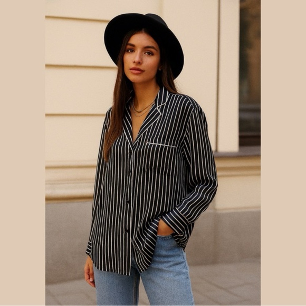 Rag & Bone Black and White 'Hahn' Pinstripe Silk Button Down Shirt